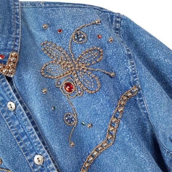 VTG 80s Pretty Bleu Stonewash Cotton Denim Gold Beaded Gems Short Sleeve Shirt S - Picture 7 of 12